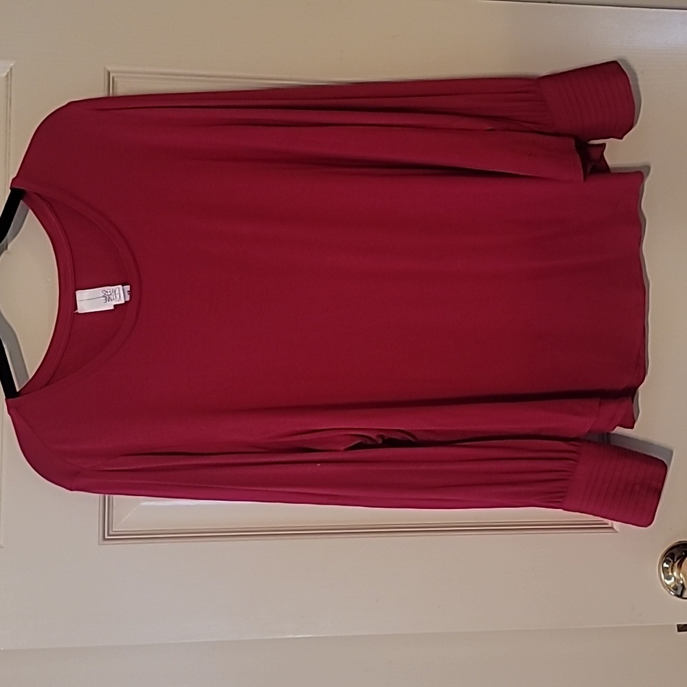 Magenta top with pleated, buttoned cuffs.